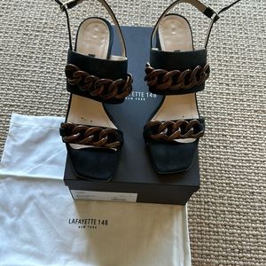 Lafayette 148 Black open toed sandals with cross-shoe embellishment